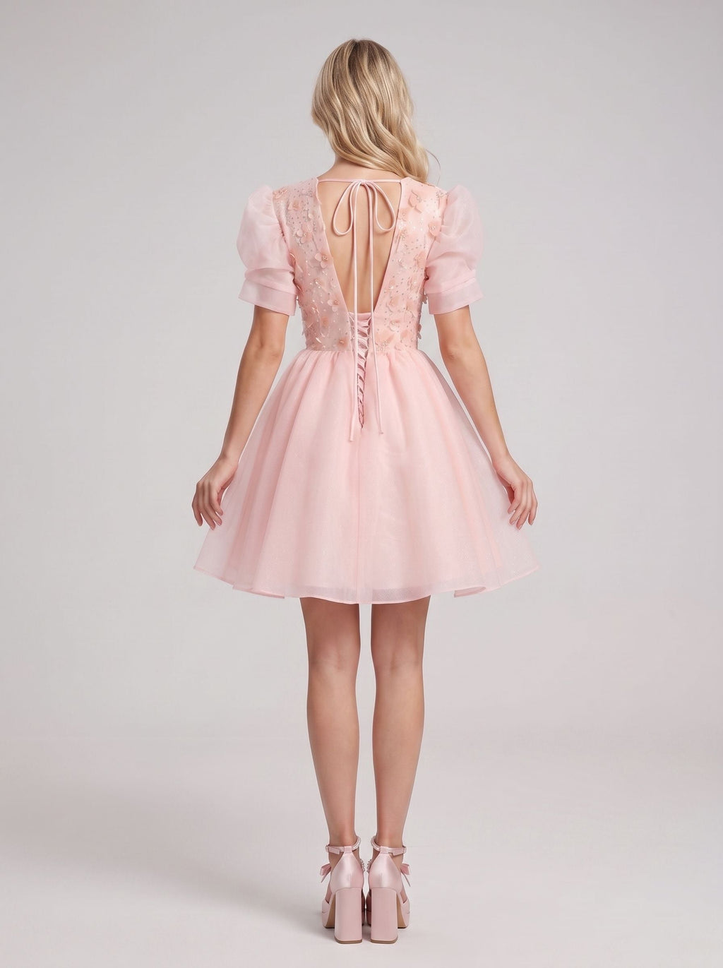 Petal Tulle A-Line V-Neck Lace-up Short Dress with 3D Flowers - Curvevia