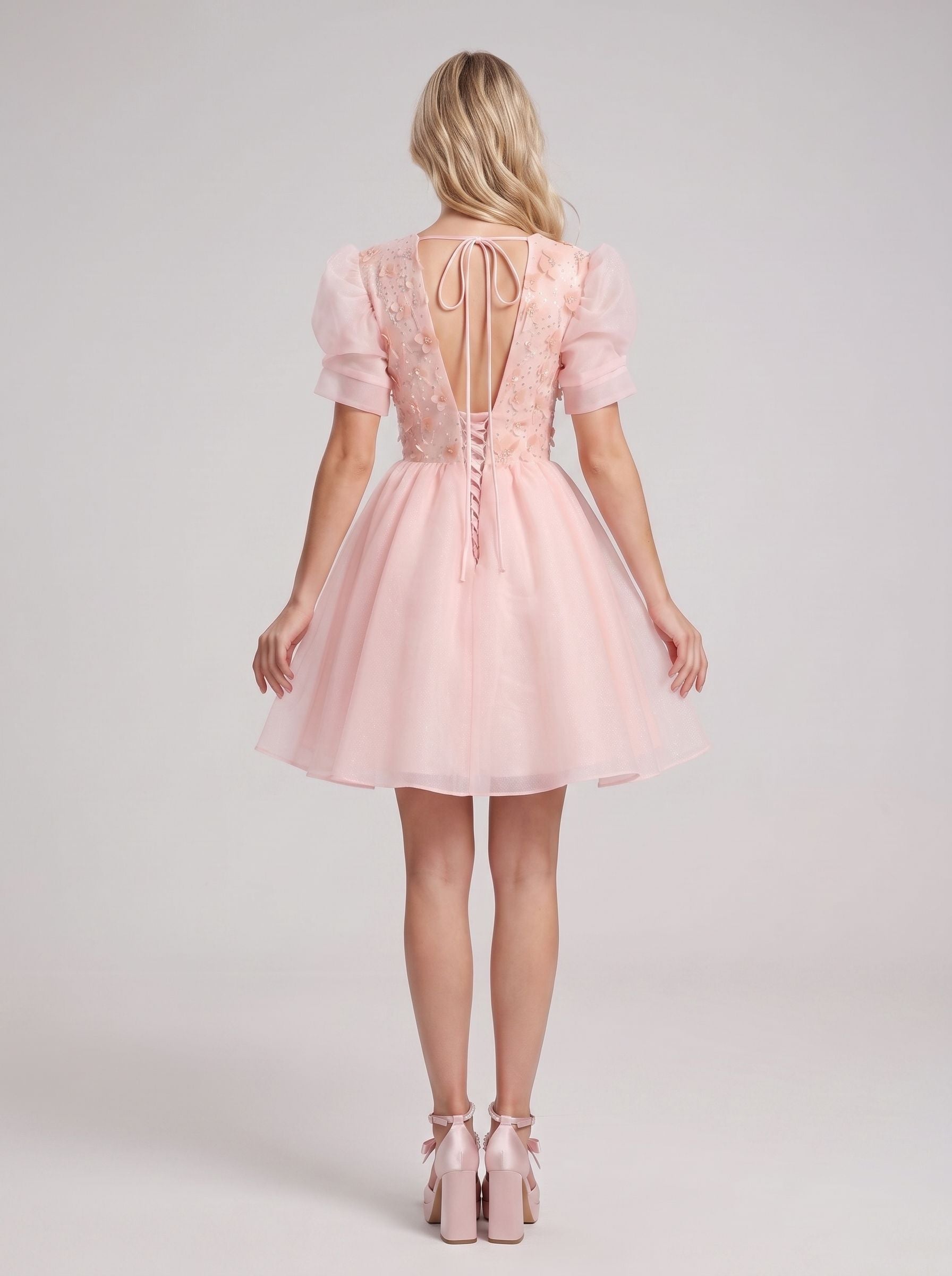 Petal Tulle A-Line V-Neck Lace-up Short Dress with 3D Flowers - Curvevia