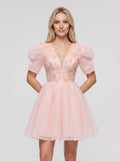 Petal Tulle A-Line V-Neck Lace-up Short Dress with 3D Flowers - Curvevia