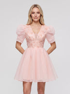 Petal Tulle A-Line V-Neck Lace-up Short Dress with 3D Flowers - Curvevia