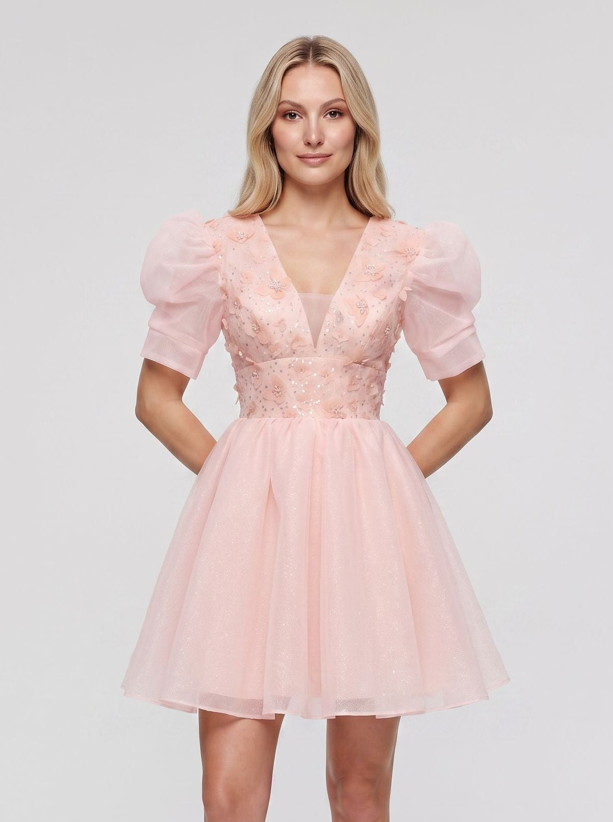 Petal Tulle A-Line V-Neck Lace-up Short Dress with 3D Flowers - Curvevia