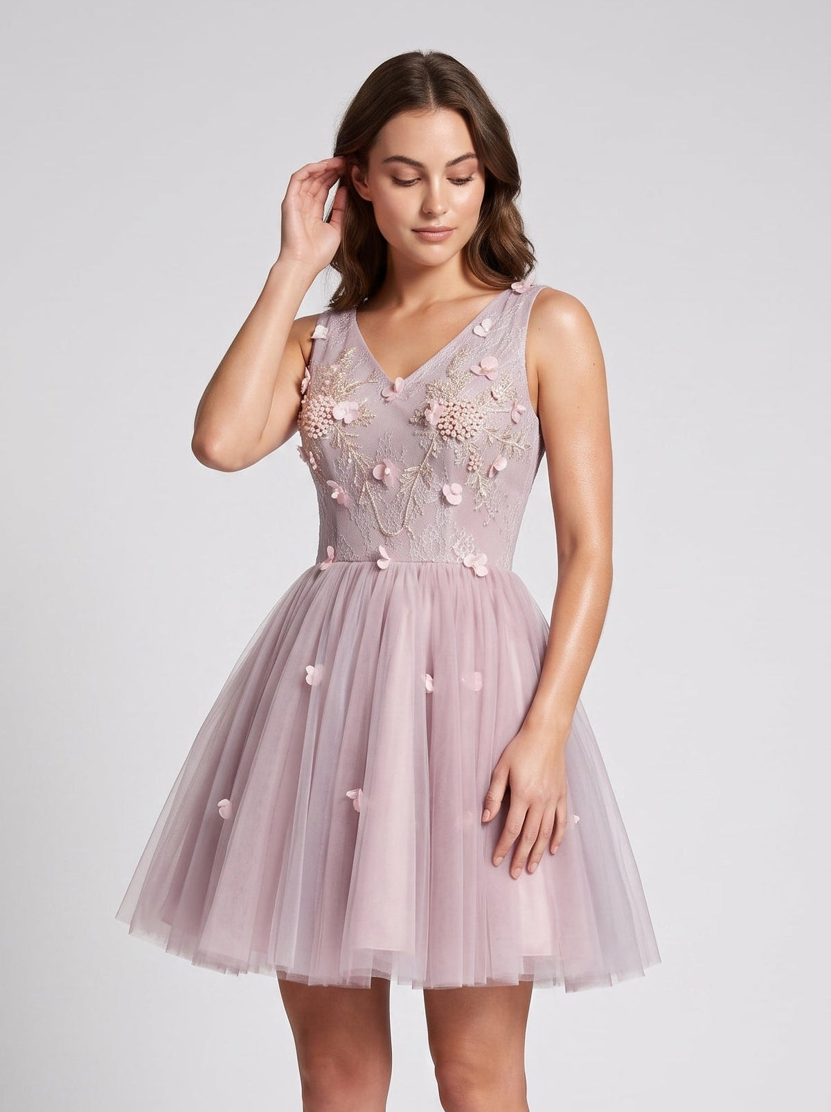 Purple Tulle A-Line V-Neck Lace-up Short Dress with 3D Flowers - Curvevia