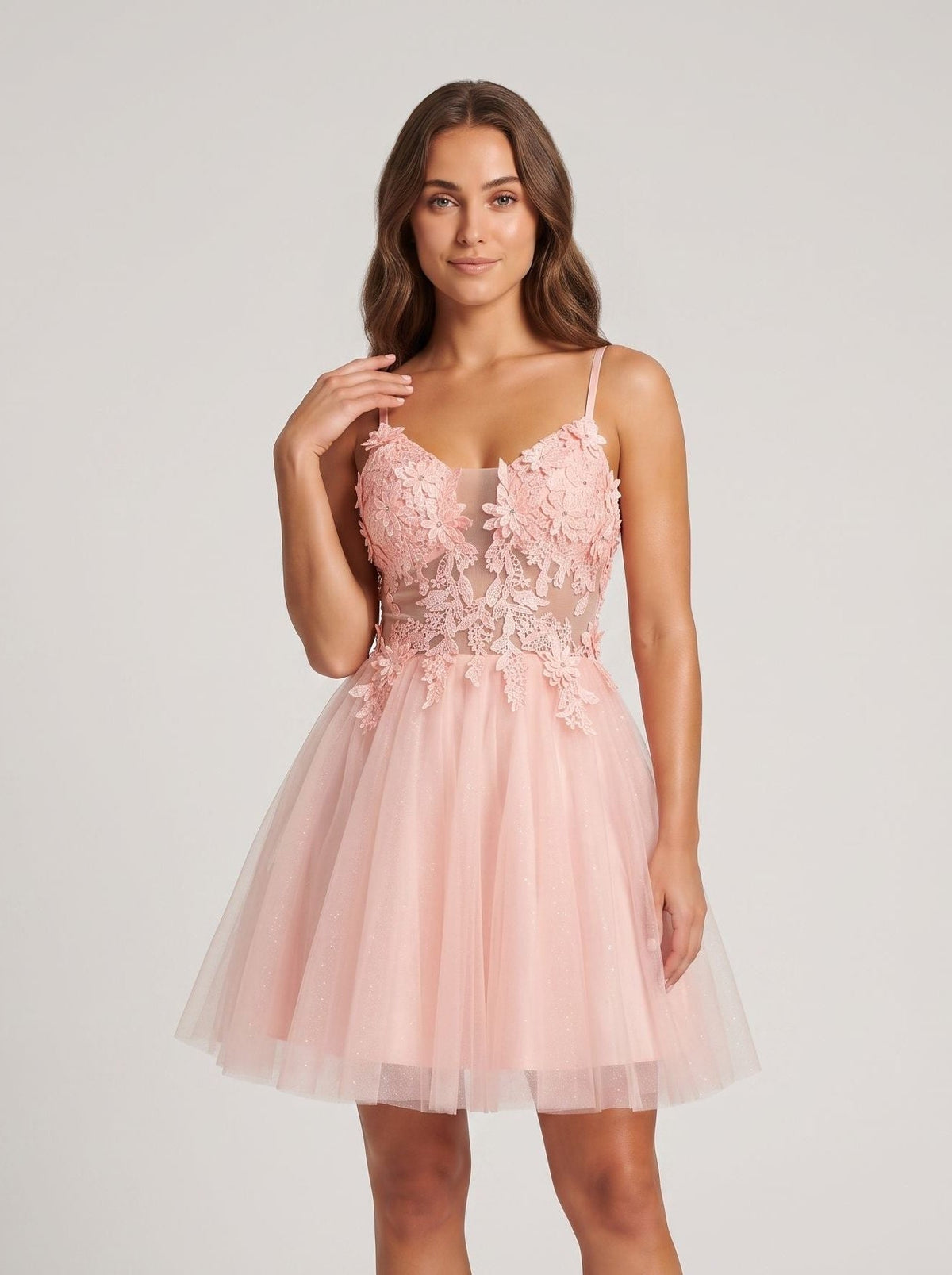 Petal Tulle A-Line V-Neck Back Zip Short Dress with Floral Appliques - Curvevia