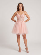 Petal Tulle A-Line V-Neck Back Zip Short Dress with Floral Appliques - Curvevia