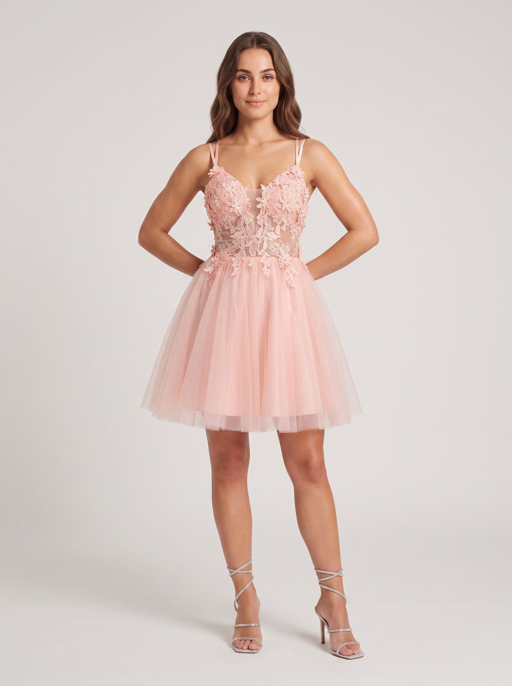 Petal Tulle A-Line V-Neck Back Zip Short Dress with Floral Appliques - Curvevia