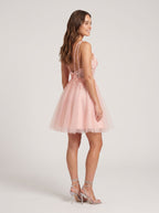 Petal Tulle A-Line V-Neck Back Zip Short Dress with Floral Appliques - Curvevia