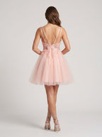 Petal Tulle A-Line V-Neck Back Zip Short Dress with Floral Appliques - Curvevia