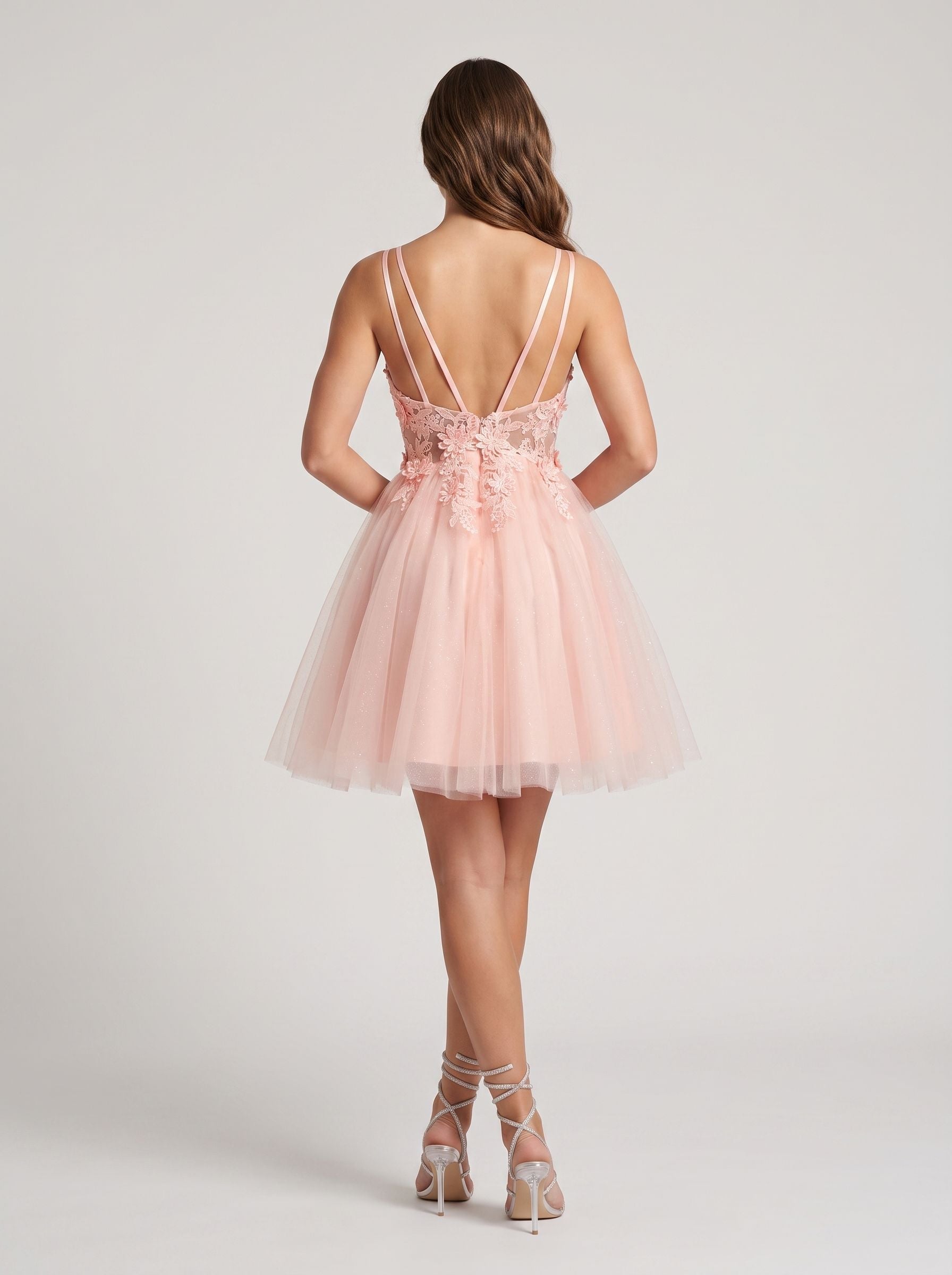 Petal Tulle A-Line V-Neck Back Zip Short Dress with Floral Appliques - Curvevia