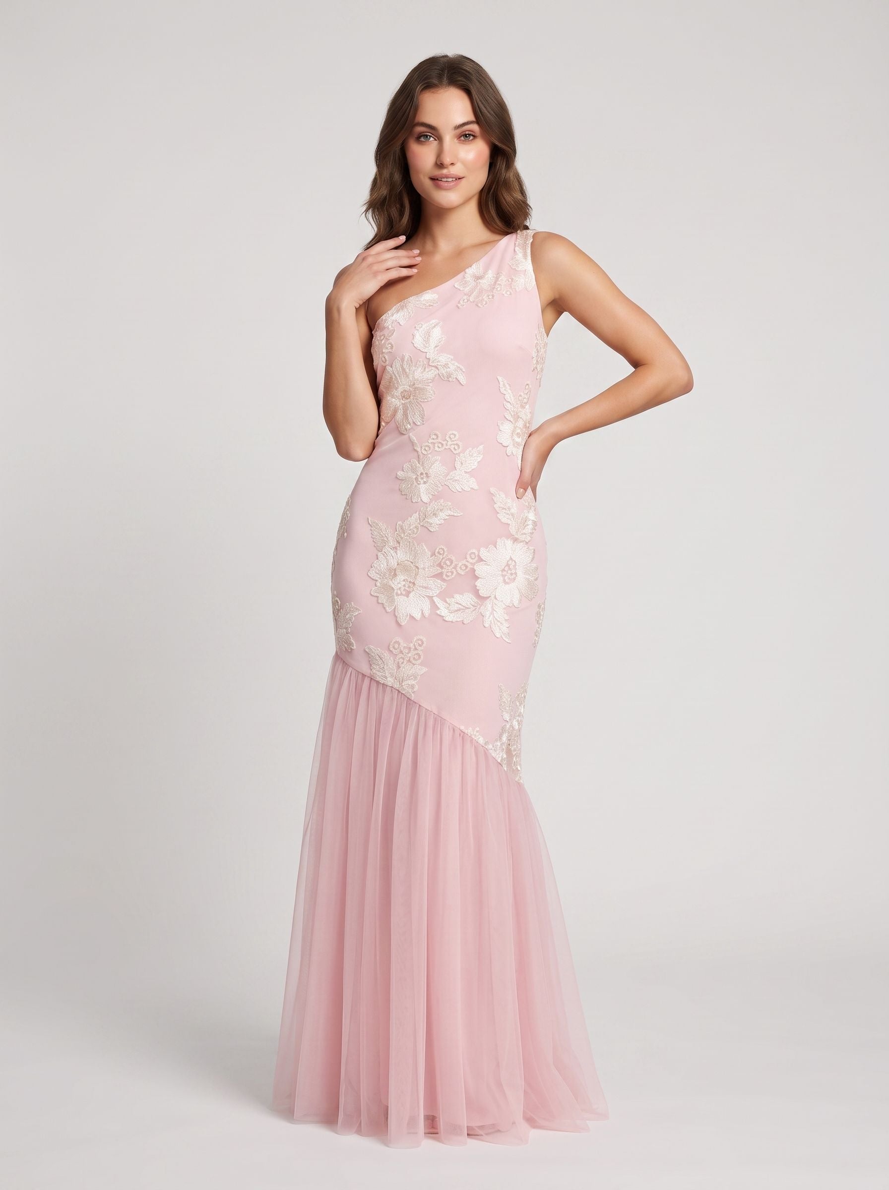 Blushing Pink Tulle Mermaid One Shoulder Back Zip Floor-Length Dress with 3D Floral Appliques - Curvevia