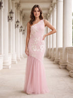 Blushing Pink Tulle Mermaid One Shoulder Back Zip Floor-Length Dress with 3D Floral Appliques - Curvevia