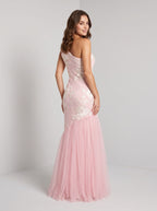 Blushing Pink Tulle Mermaid One Shoulder Back Zip Floor-Length Dress with 3D Floral Appliques - Curvevia