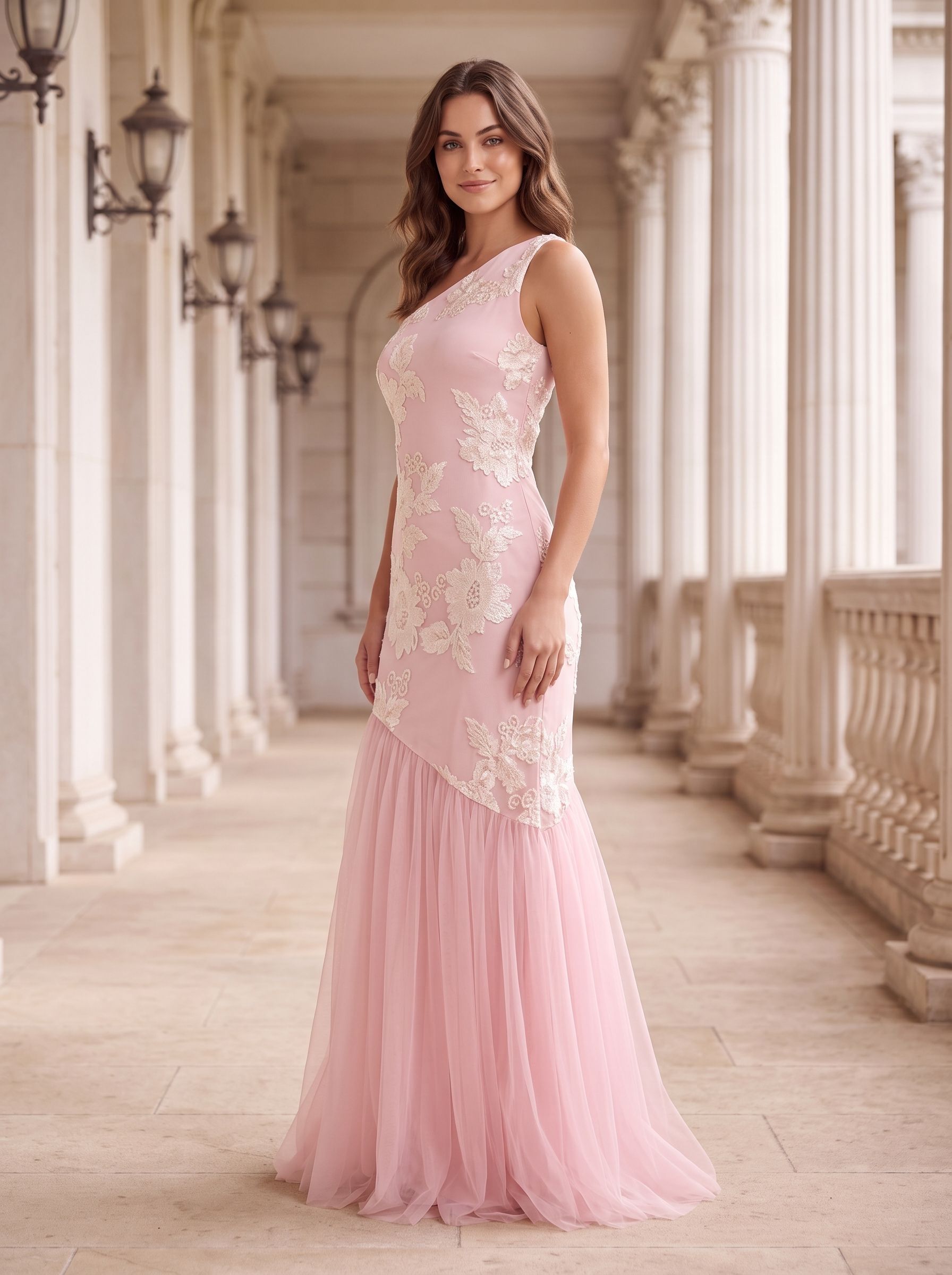 Blushing Pink Tulle Mermaid One Shoulder Back Zip Floor-Length Dress with 3D Floral Appliques - Curvevia