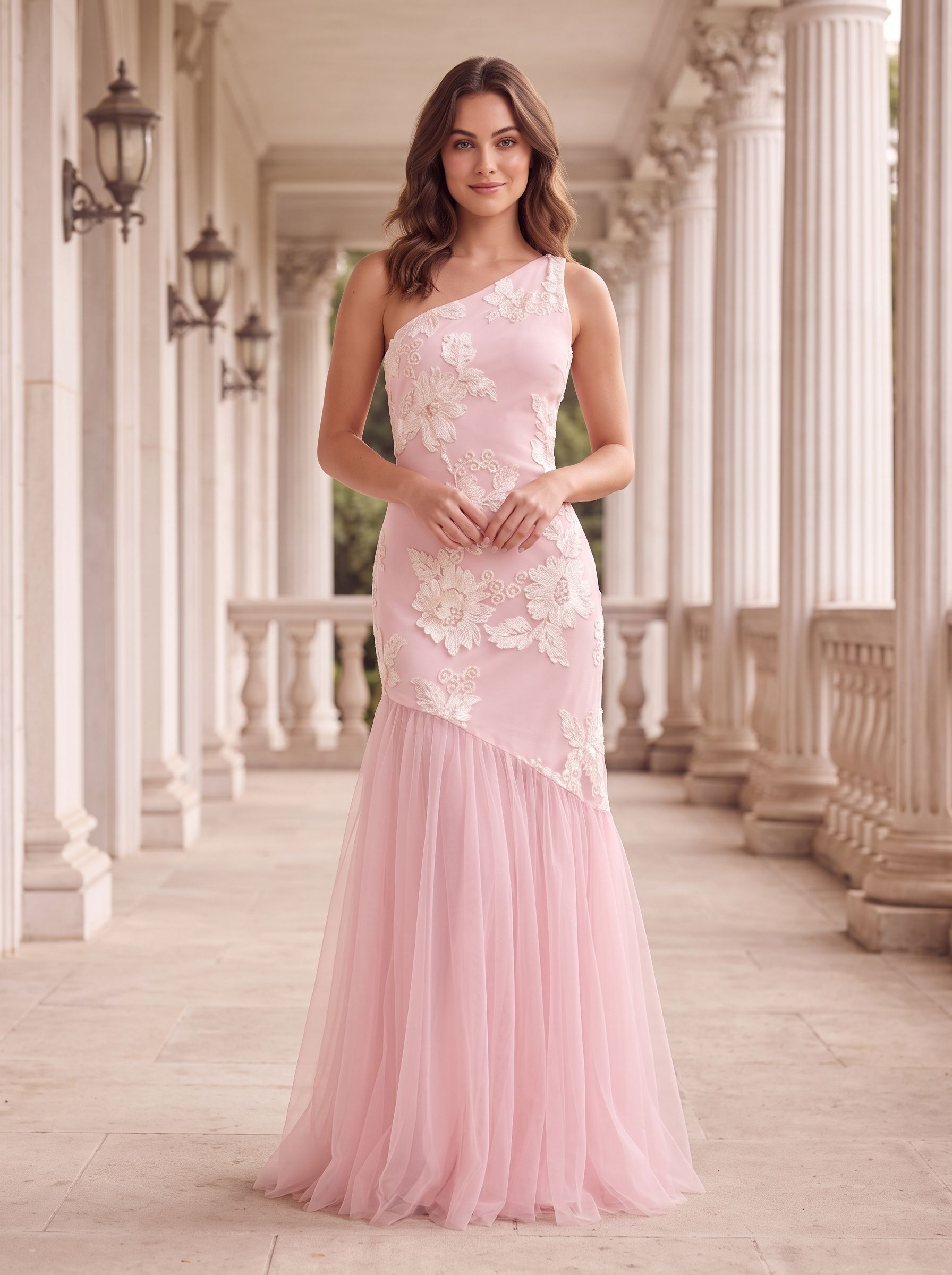 Blushing Pink Tulle Mermaid One Shoulder Back Zip Floor-Length Dress with 3D Floral Appliques - Curvevia
