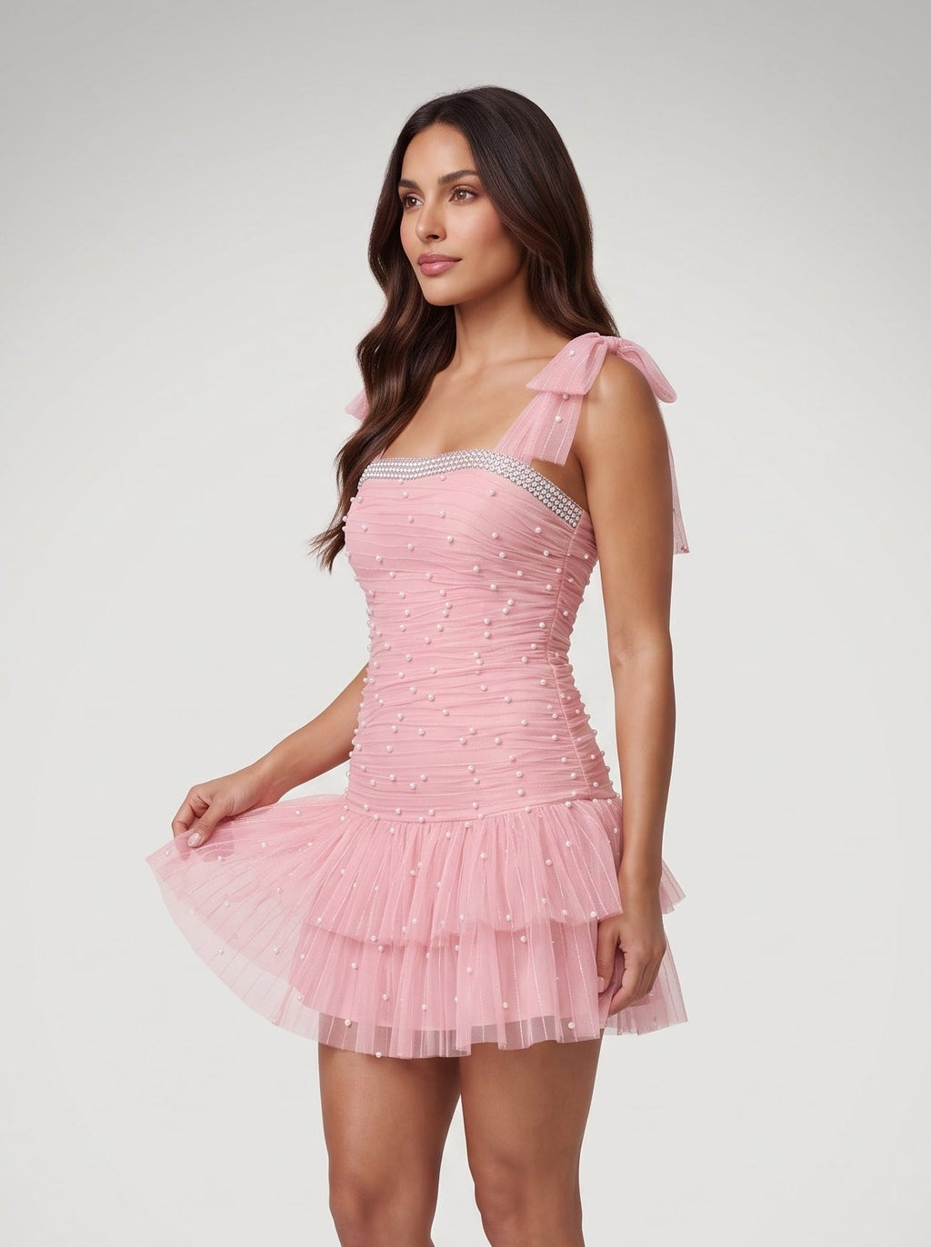 Petal Tulle A-Line Square Neck Back Zip Short Dress with Pearls - Curvevia