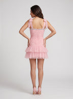 Petal Tulle A-Line Square Neck Back Zip Short Dress with Pearls - Curvevia
