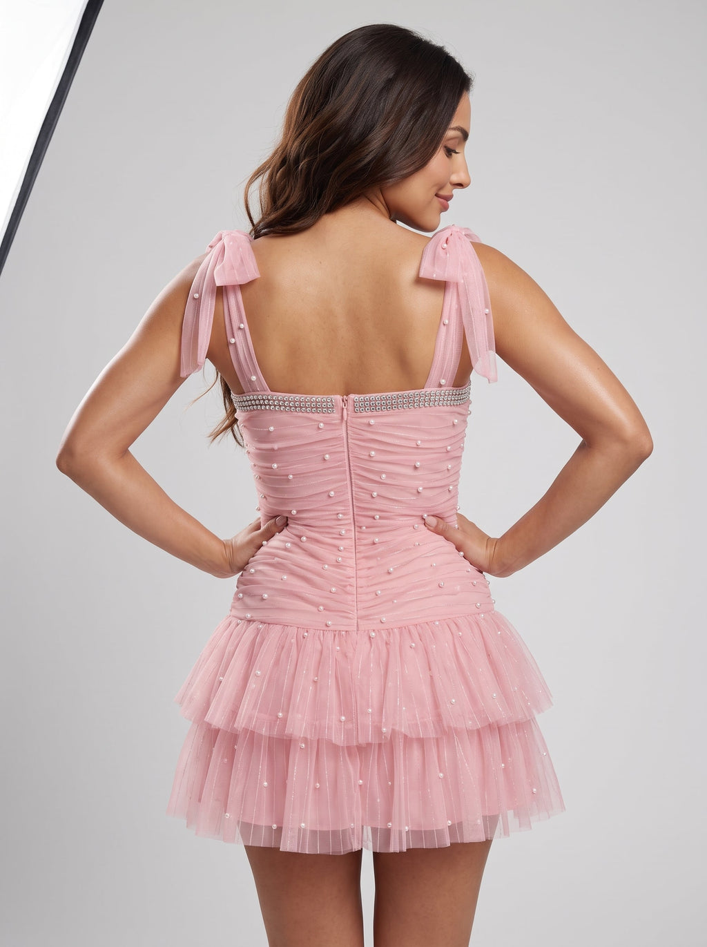 Petal Tulle A-Line Square Neck Back Zip Short Dress with Pearls - Curvevia