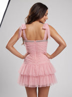 Petal Tulle A-Line Square Neck Back Zip Short Dress with Pearls - Curvevia