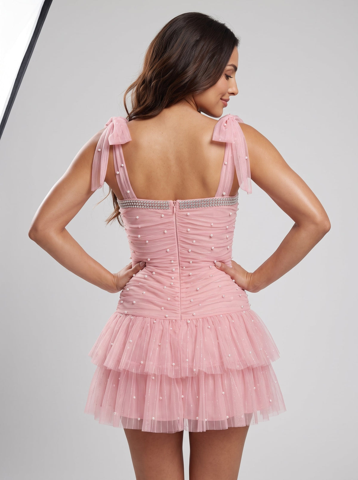 Petal Tulle A-Line Square Neck Back Zip Short Dress with Pearls - Curvevia
