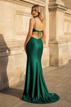 Red Spaghetti Straps Cutout Beaded Mermaid Long Dress With Split - Curvevia