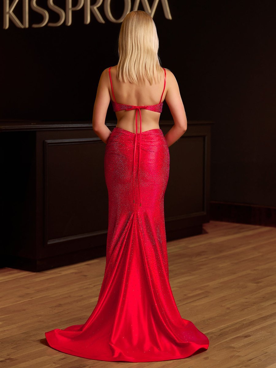 Red Spaghetti Straps Cutout Beaded Mermaid Long Dress With Split - Curvevia