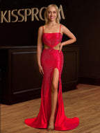 Red Spaghetti Straps Cutout Beaded Mermaid Long Dress With Split - Curvevia
