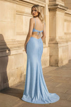 Red Spaghetti Straps Cutout Beaded Mermaid Long Dress With Split - Curvevia
