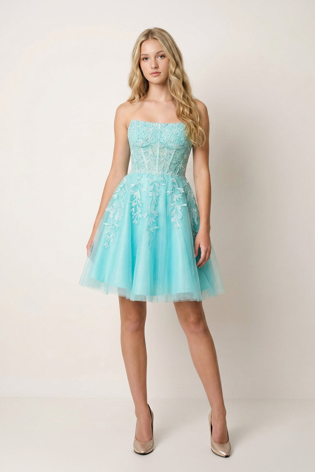 A-Line Tulle Lace Wedding Guest Dress with Appliques - Curvevia