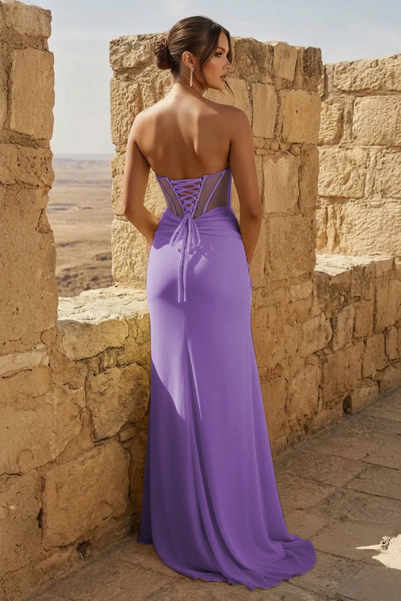 Yellow Sweetheart Sheath Pleated Long Prom Dresses With Slit - Curvevia