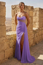 Yellow Sweetheart Sheath Pleated Long Prom Dresses With Slit - Curvevia