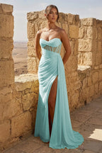 Yellow Sweetheart Sheath Pleated Long Prom Dresses With Slit - Curvevia