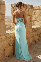 Yellow Sweetheart Sheath Pleated Long Prom Dresses With Slit - Curvevia
