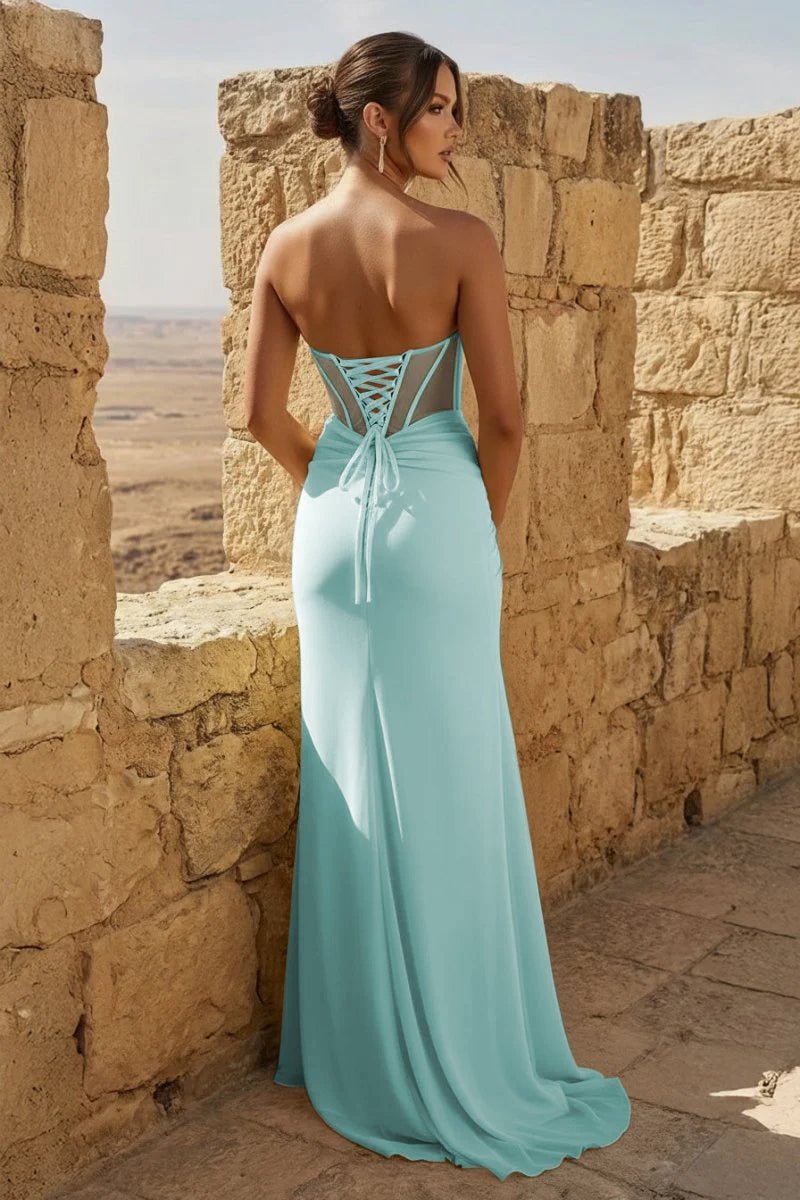 Yellow Sweetheart Sheath Pleated Long Prom Dresses With Slit - Curvevia