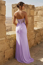 Yellow Sweetheart Sheath Pleated Long Prom Dresses With Slit - Curvevia