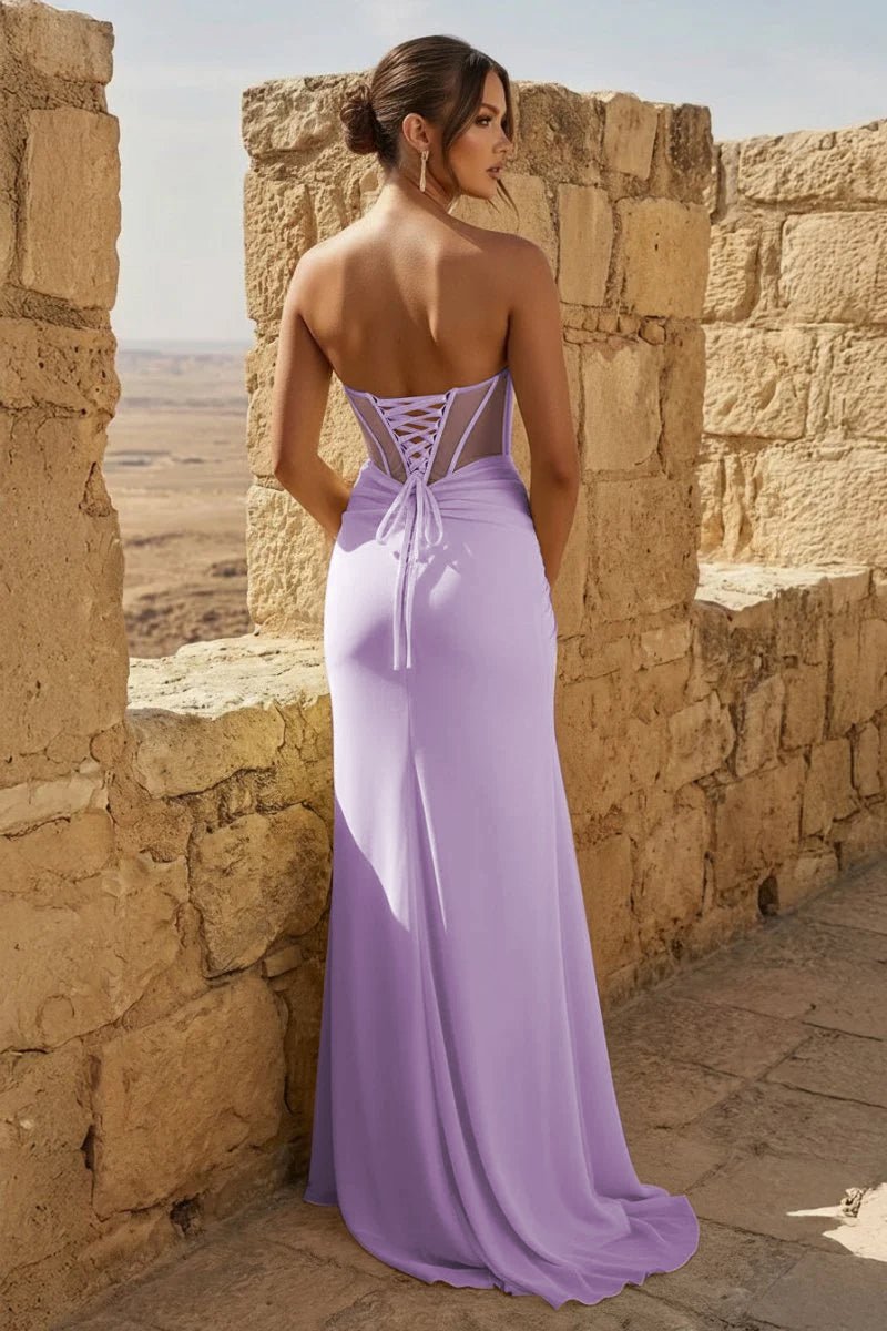 Yellow Sweetheart Sheath Pleated Long Prom Dresses With Slit - Curvevia