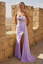 Yellow Sweetheart Sheath Pleated Long Prom Dresses With Slit - Curvevia
