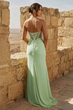 Yellow Sweetheart Sheath Pleated Long Prom Dresses With Slit - Curvevia