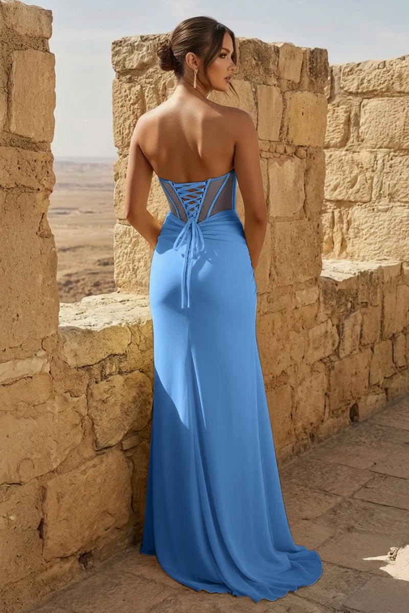 Yellow Sweetheart Sheath Pleated Long Prom Dresses With Slit - Curvevia