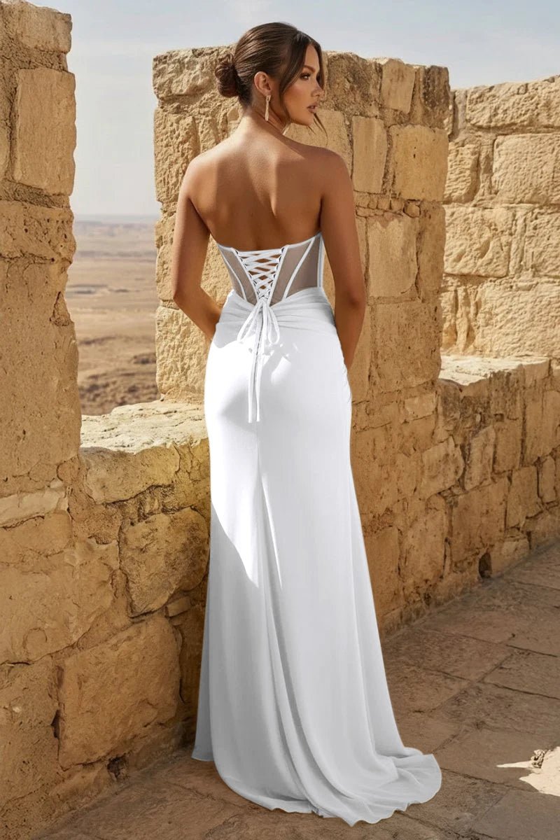 Yellow Sweetheart Sheath Pleated Long Prom Dresses With Slit - Curvevia