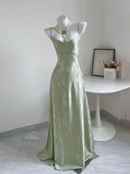 Sage Mermaid Satin Spaghetti Straps Long Evening Dress - Curvevia