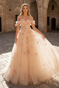 Champagne Off the Shoulder Tulle Floral Floor Length Long Prom Dresses - Curvevia