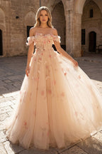 Champagne Off the Shoulder Tulle Floral Floor Length Long Prom Dresses - Curvevia