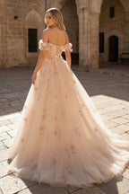 Champagne Off the Shoulder Tulle Floral Floor Length Long Prom Dresses - Curvevia