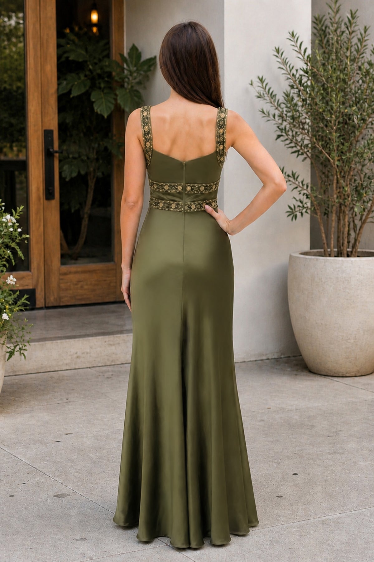 Olive Green Sheath Satin Beaded Long Evening Dress - Curvevia
