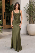 Olive Green Sheath Satin Beaded Long Evening Dress - Curvevia