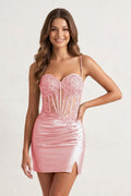 Sage Bodycon Satin Sequined Corset Mini Homecoming Dresses with Lace Appliques - Curvevia