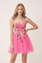 3D Flower Tulle Short Length Wedding Guest Dress - Curvevia
