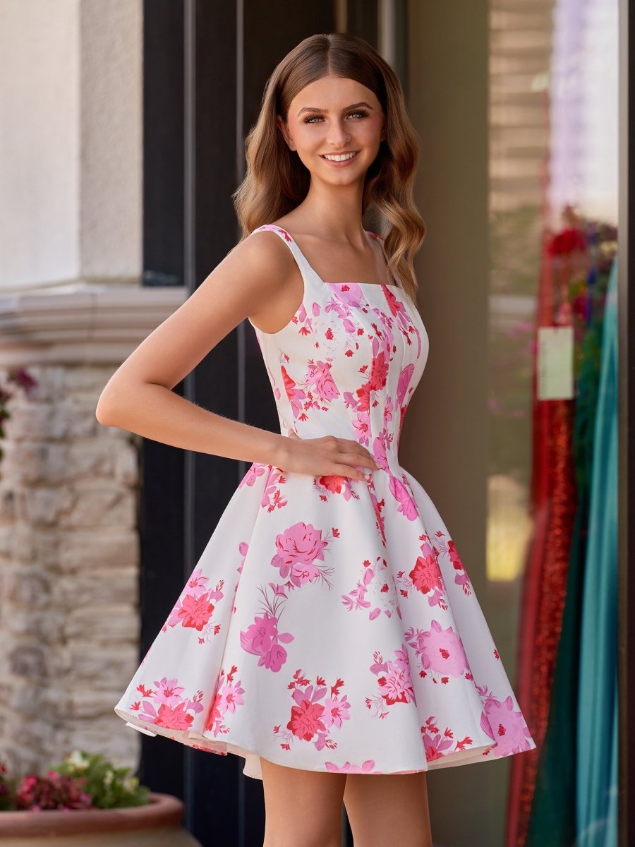 Pink A Line Floral Satin Short Wedding Guest Dress - Curvevia