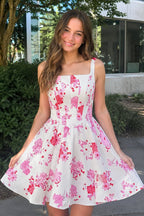 Pink A Line Floral Satin Short Wedding Guest Dress - Curvevia