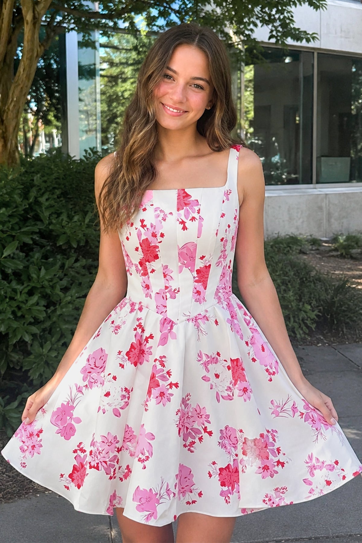 Pink A Line Floral Satin Short Wedding Guest Dress - Curvevia