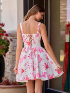 Pink A Line Floral Satin Short Wedding Guest Dress - Curvevia